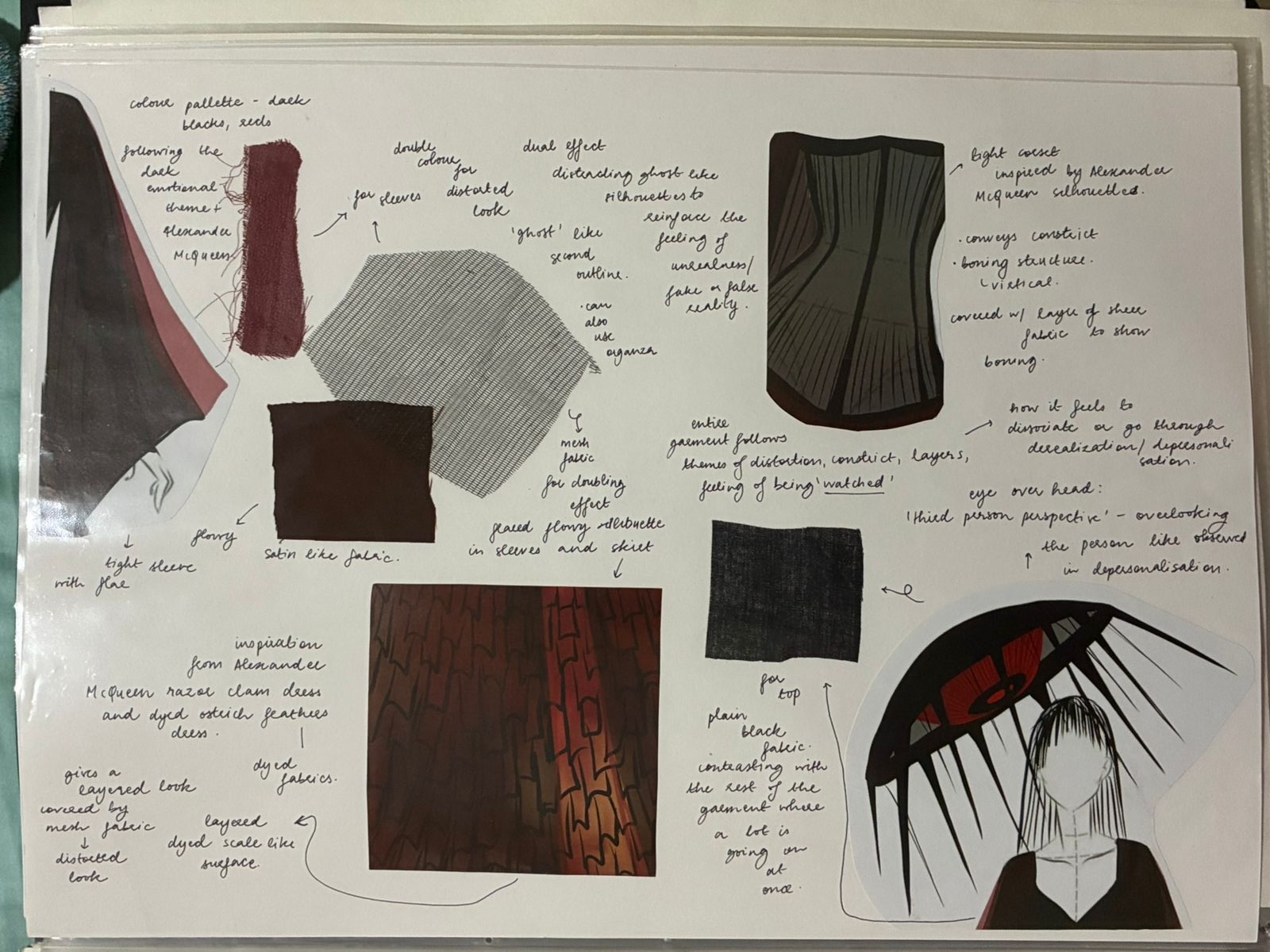 Close-up illustration detail showing intricate seaming and construction techniques from a McQueen garment